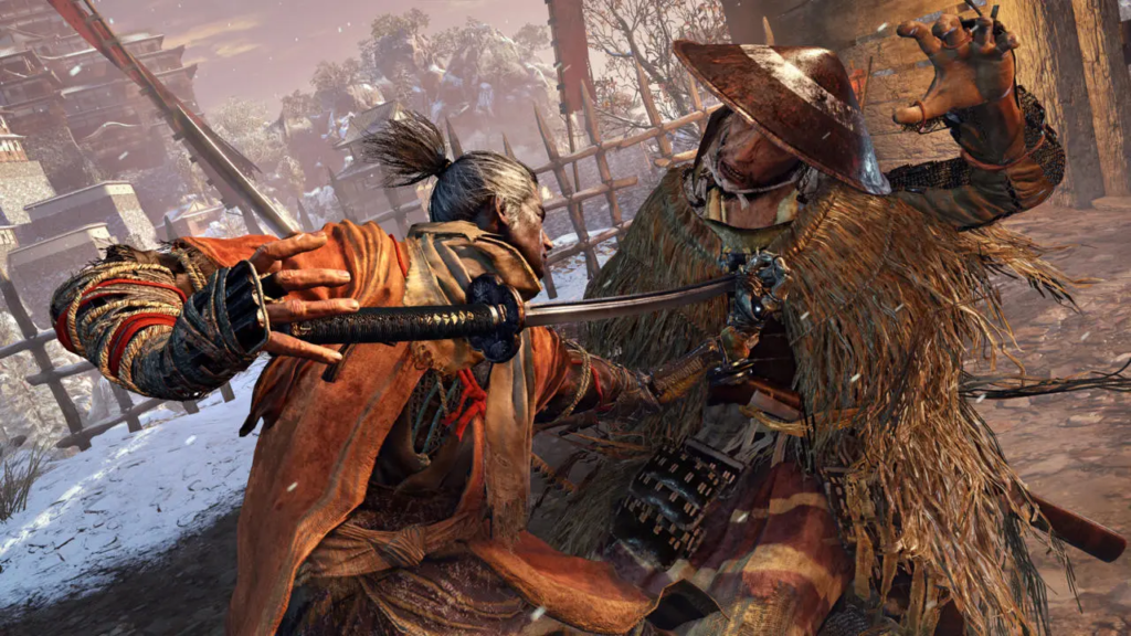 Promotional screenshot from Sekiro: Shadows Die Twice with the main character, Sekiro, stabbing a guard through the chest
